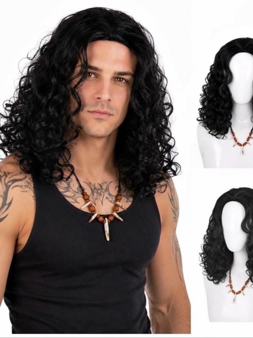 New Mens Black Curly 80s Rocker Tribal Wig with Necklace Caveman Cosplay Costume